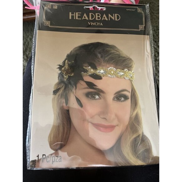 Gold & Black 1920s Flapper Headband With Beads & Feather By Amscan - Picture 2 of 5